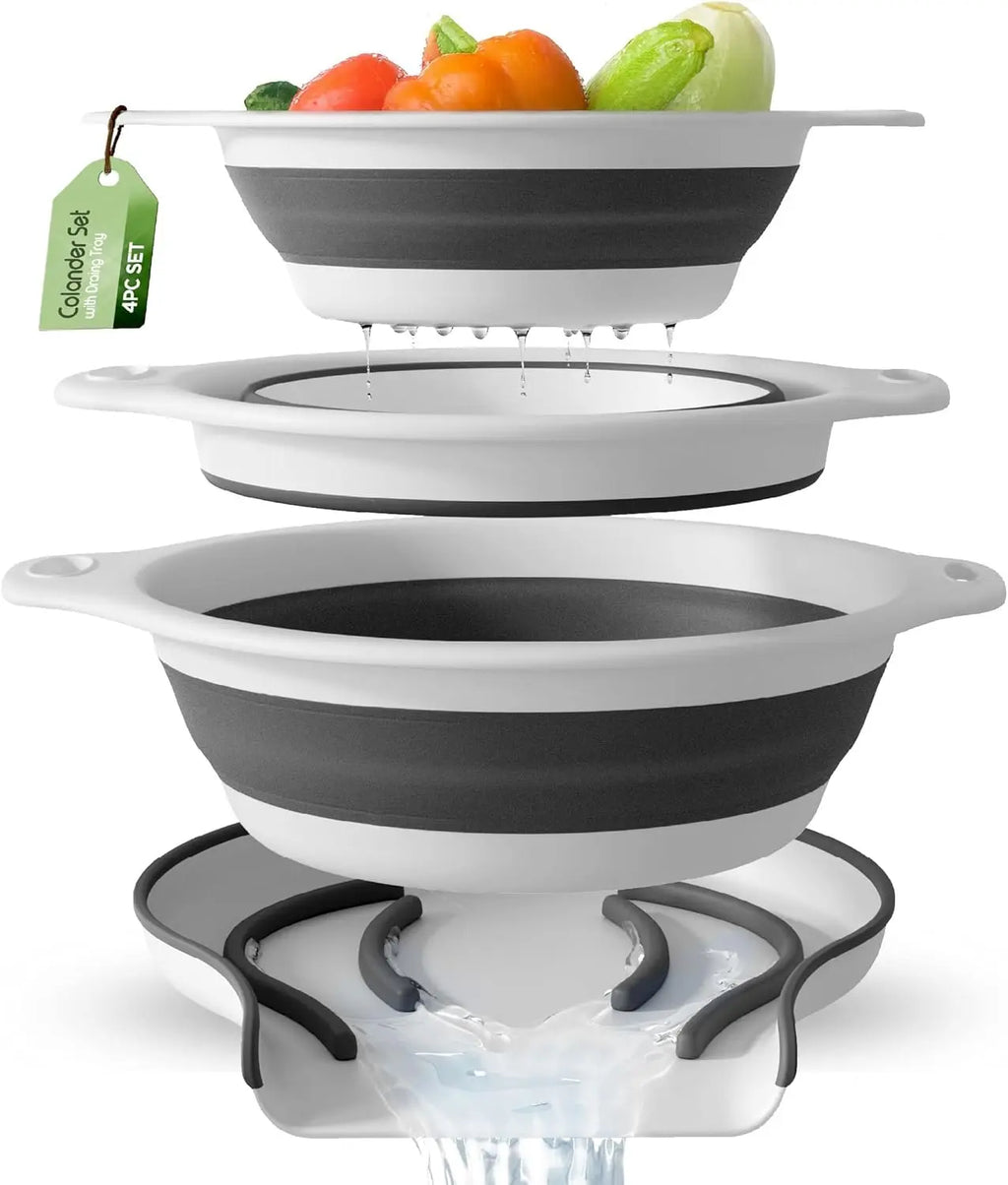 3-Piece Collapsible Colander Set with Self-Draining Base